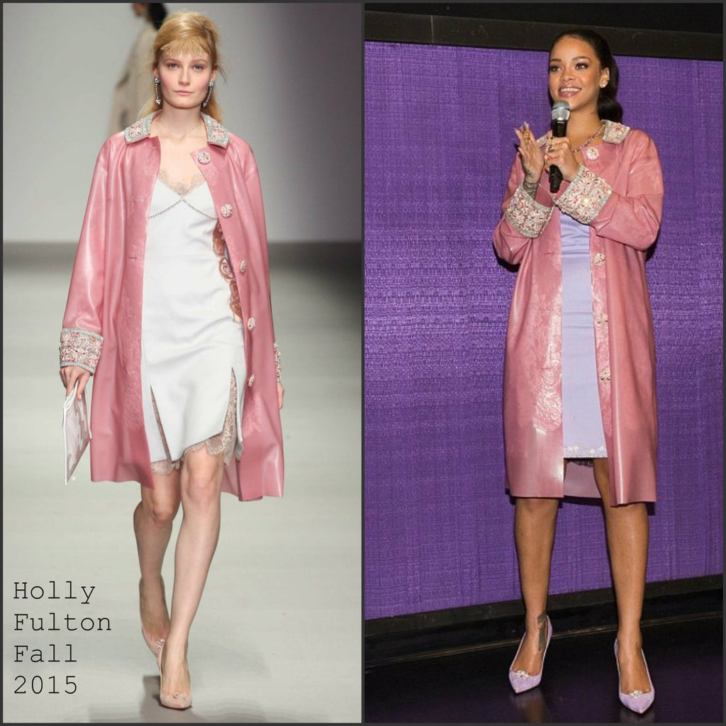Rihanna in Holly Fulton x House of Harlot AW15 Pink Latex Coat