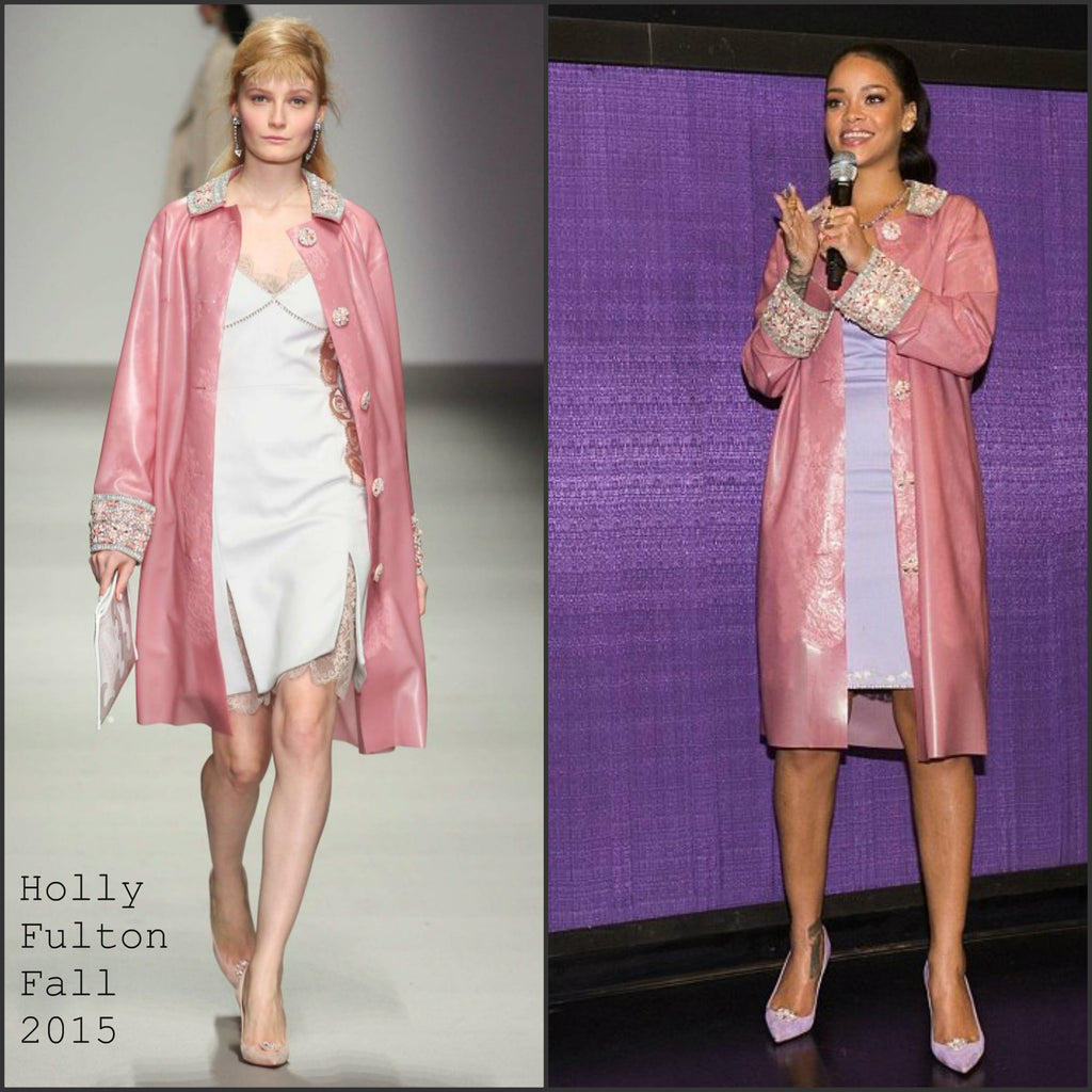 Rihanna Wearing Holly Fulton AW15 Pink Latex Coat made by House of Harlot!