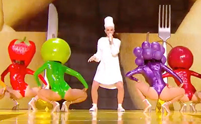 Katy Perry Performs Bon Appétit at The Voice France her Fruit Dancers wearing House of Harlot Latex!