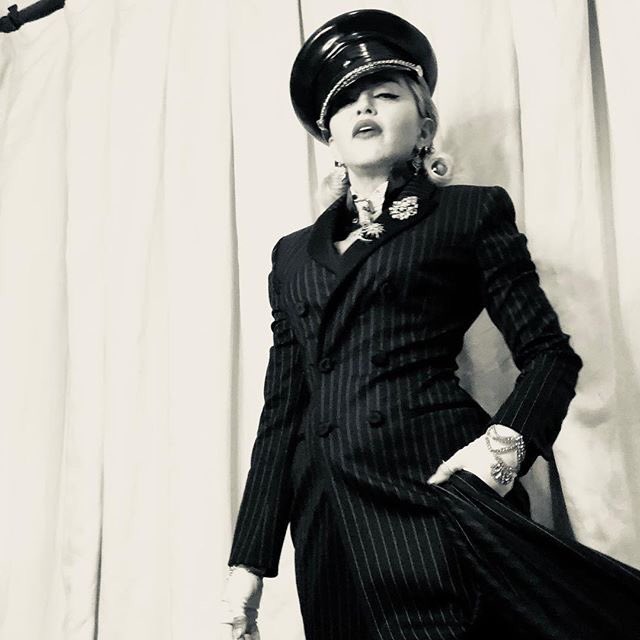Madonna Rocks House of Harlot Latex Military Cap at 2018 Oscar Party!